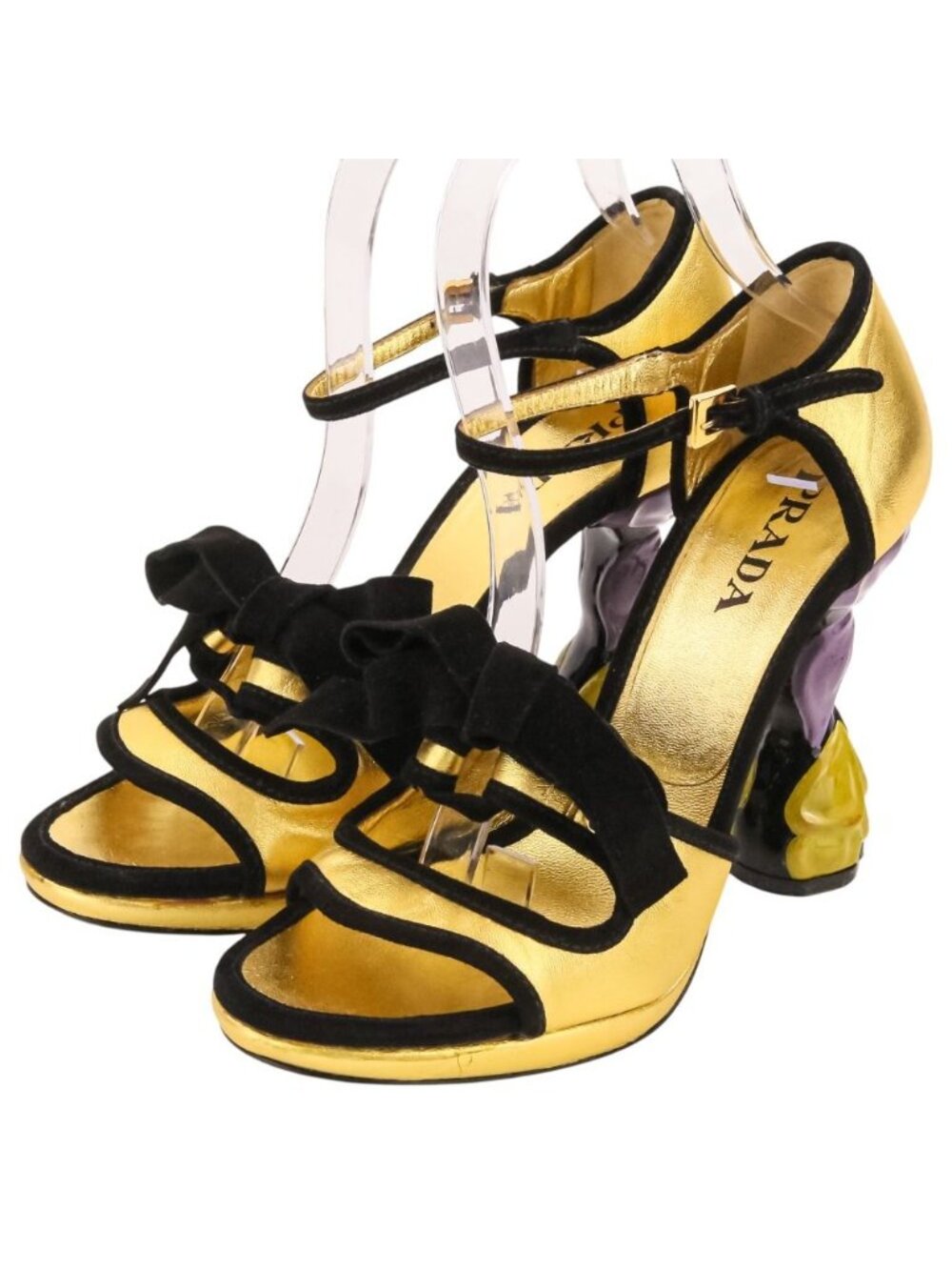 Prada Fairy Collection Flower Heels Ankle Strap Sandals Gold Colored